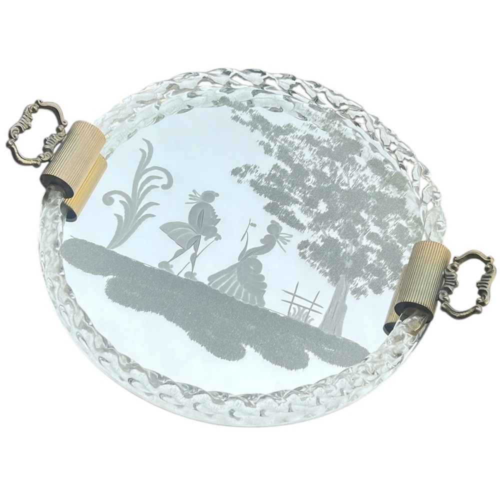 Vintage Venetian Glass Etched Mirror Tray Vanity Serving Ercole Barovier Italy - Picture 7 of 7